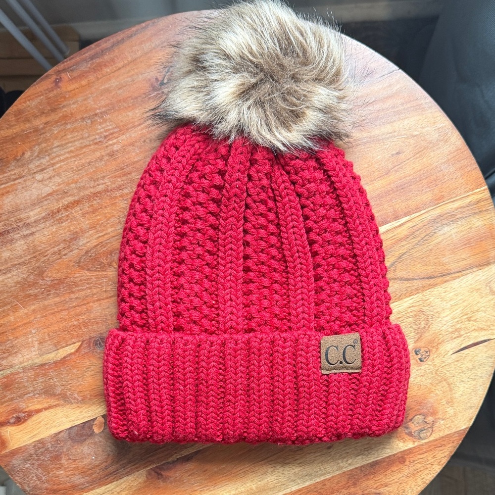 Red Knit Beanie with Faux Fur Pom